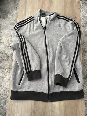 adidas Light Gray Zip-Up Track Jacket with Black Stripes